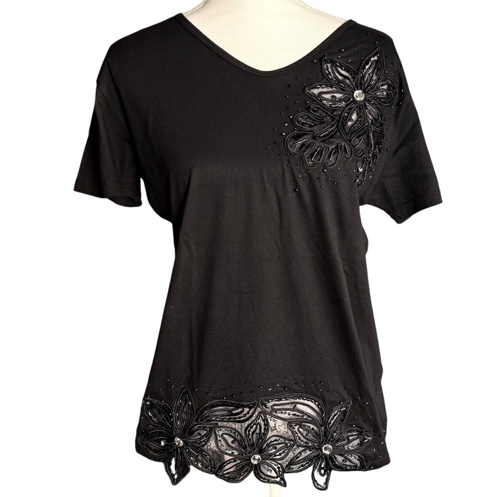 Sassy‎ Thai Beaded Floral Applique V Neck Top Black Womens XL